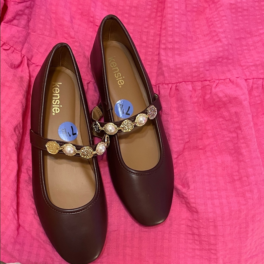 Kensie Burgundy Pearl-Accent Mary Jane Flats